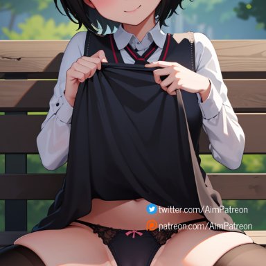 peni parker, aim patreon, autumn, bench, black dress, black hair, black legwear, black panties, blush, brown eyes, bush, clothes lift, day, dress, dress lift