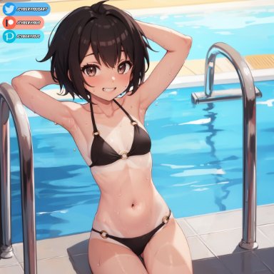 spider-man (series), peni parker, stable diffusion, 1girls, aged up, armpits, arms up, belly, belly button, bikini, blush, breasts, human, looking at viewer, petite