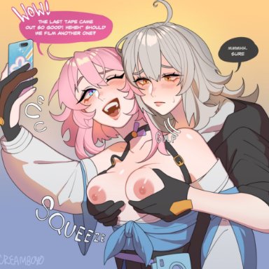 honkai: star rail, honkai (series), march 7th (honkai: star rail), trailblazer, creamboyo, 2girls, female, female/female, female focus, medium breasts, pink hair, selfie, silver hair, yuri