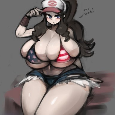 game freak, nintendo, pokemon, pokemon bw, hilda (pokemon), gipehtyboon, yboon, 1girls, american flag bikini, breasts, brown hair, bubble butt, female, gigantic breasts, hips