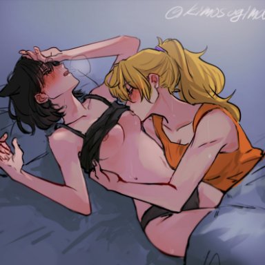 rwby, blake belladonna, yang xiao long, naizo (kimosugimasu), 2girls, bed, bedsheets, black hair, black panties, blonde hair, blush, blushing profusely, breast sucking, breasts, canon couple