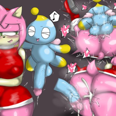 sega, sonic (series), sonic the hedgehog (series), amy rose, chao (sonic), cheese the chao, enigi09, anthro, anthro penetrated, ass, balls, blue balls, blue body, blue penis, blush