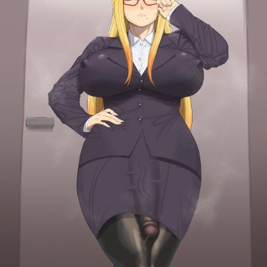 character request, timaturixp, 1futa, big breasts, big penis, blonde futa, blonde hair, blue eyes, blush, blushing, breasts, bulge, business suit, business woman, busty