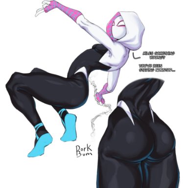 1girls, ass, ass focus, bubble butt, dat ass, dork bum, english text, female, fit female, gwen stacy, heroine, mask, skintight, spider-gwen, spider-man: into the spider-verse