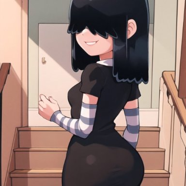 nickelodeon, the loud house, lucy loud, stable diffusion, 1girls, ass, black hair, bubble ass, bubble butt, dress, female, female only, from behind, goth, goth girl