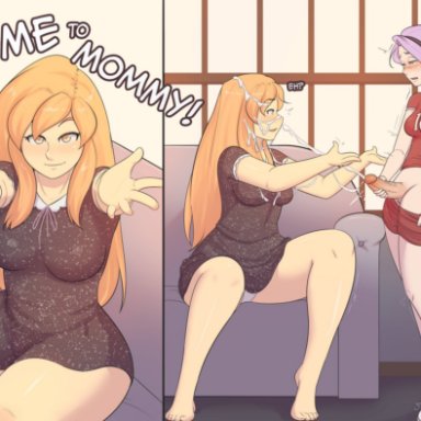 original, belle (mekkx), eliza (mekkx), mekkx, 1futa, 1girls, blonde hair, blush, breasts, clothed, clothes, clothing, confused, confusion, couch