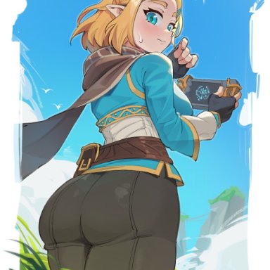 nintendo, tears of the kingdom, the legend of zelda, princess zelda, zelda (tears of the kingdom), sintrybest (artist), 1girls, ass, ass focus, big ass, blonde hair, blue eyes, cape, looking at viewer, looking back