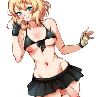 guilty gear, guilty gear strive, guilty gear xx, bridget, minacream, 1futa, big penis, bikini, blonde hair, breasts, futanari, gloves, green eyes, hoodie, penis