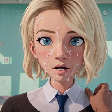 marvel, spider-man (series), gwen stacy, miles morales, spider-gwen, dragonlord3989, 1boy, 1girls, blonde hair, blue eyes, bukkake, clothed female, cum, cum on face, detailed background