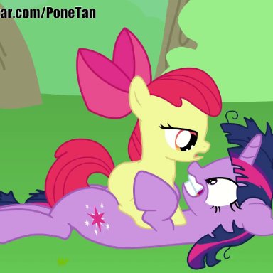 friendship is magic, hasbro, my little pony, apple bloom (mlp), twilight sparkle (mlp), cloppyhooves, 1futa, 2girls, audible creampie, ball slap, balls, balls slapping ass, balls slapping pussy, bouncing balls, cowgirl position