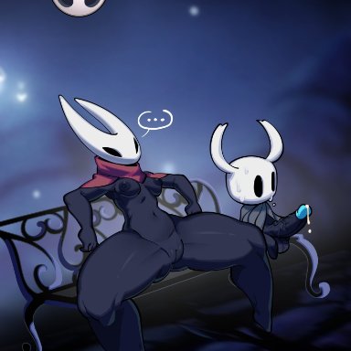 hollow knight, team cherry, hornet (hollow knight), protagonist (hollow knight), the knight (hollow knight), vessel (species), bbo, anthro, arachnid, arthropod, bench, bodily fluids, breasts, cape, clothing