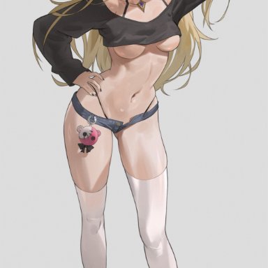 genshin impact, fischl (genshin impact), zutsuyaku, ahoge, alternate costume, arm up, ass visible through thighs, bare shoulders, black choker, black footwear, black nails, black panties, black shirt, blonde hair, blue shorts