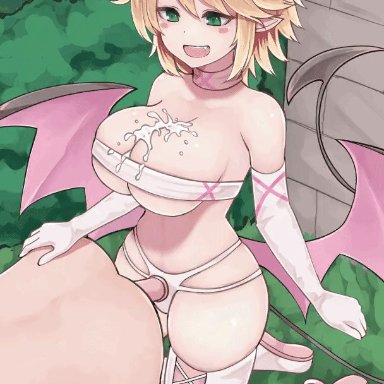 mon-musu quest!, monster girl quest, imp (mon-musu quest!), kikiu bd, 1boy, 1girls, after paizuri, after titfuck, ahoge, armwear, bare shoulders, big breasts, blonde hair, breasts, clothed female nude male
