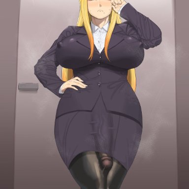 character request, timaturixp, 1futa, big breasts, big penis, blonde futa, blonde hair, blue eyes, blush, blushing, breasts, bulge, business suit, business woman, busty