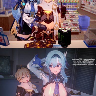 genshin impact, aether (genshin impact), eula (genshin impact), white (artist), 1boy, 1girls, blonde hair, blue hair, breasts, buying condoms, condom, female, large breasts, leotard, male