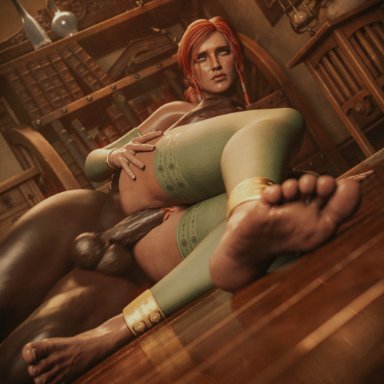 the witcher (series), the witcher 3: wild hunt, triss merigold, blindfold (artist), karfex, balls, cock, dark skin, dark-skinned male, feet, foot fetish, foot focus, ginger, grabbing, grabbing breasts