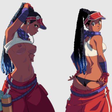 street fighter 6, kimberly (street fighter), suoiresnu, ass, breasts, breasts out, dark skin, dark-skinned female, dreadlocks, medium breasts, nipples, panties, visor cap, tagme