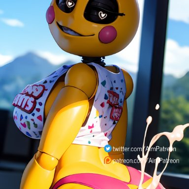 five nights at freddy's, five nights at freddy's 2, fnaf, toy chica (fnaf), aim patreon, 1boy, antenna hair, anthro, ass, blue sky, blurry background, breasts, buttjob, clothes writing, cloud