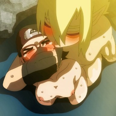 boruto: naruto next generations, naruto, naruto (series), sarada uchiha, uchiha sarada, bestofnesia, 1boy, 1girls, ambiguous penetration, black hair, blonde hair, blush, completely nude, covering, covering another's mouth