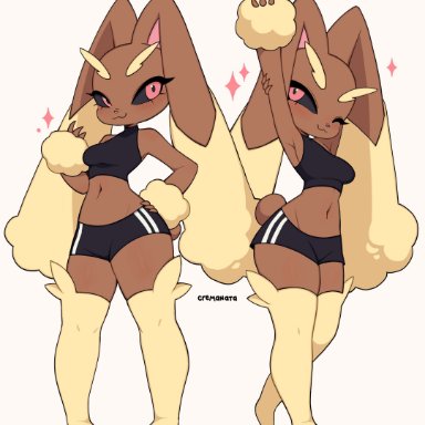 pokemon, lopunny, pokemon (species), cremanata, 1girls, athletic, athletic female, breasts, clothed, clothed female, crop top, female, female only, hotpants, medium breasts