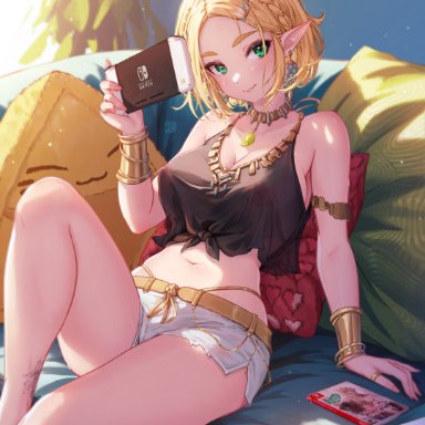 nintendo, tears of the kingdom, the legend of zelda, princess zelda, zelda (tears of the kingdom), mitsu art, 1girls, bangle, blonde hair, cleavage, couch, earrings, female, green eyes, jewelry