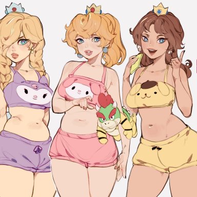 mario (series), nintendo, sanrio, bowser, kuromi, my melody, pompompurin, princess daisy, princess peach, princess rosalina, kamii momoru, 3girls, alternate costume, alternate hairstyle, animal print