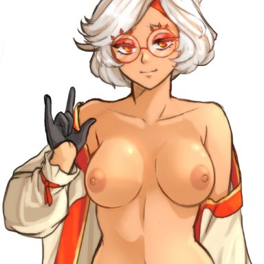 nintendo, tears of the kingdom, the legend of zelda, purah, tridisart, breasts, dark skin, dark-skinned female, exposed breasts, female, female only, glasses, nipples, partially clothed, short hair