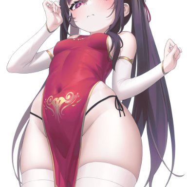 original, aya (lezon), 1girls, 3:, bare thighs, black hair, black panties, breasts, bun cover, china dress, chinese clothes, closed mouth, covered navel, cowboy shot, detached sleeves