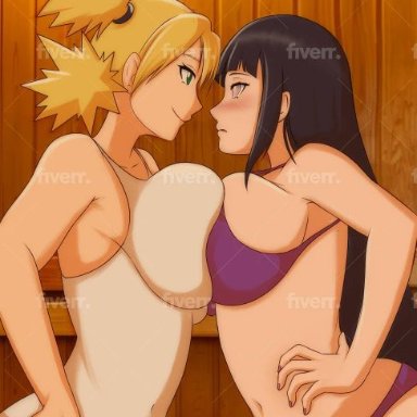 naruto, naruto (series), naruto shippuden, hyuuga hinata, temari, 2girls, big breasts, bikini, blonde hair, blunt bangs, breast docking, breast press, breast to breast, breasts, busty