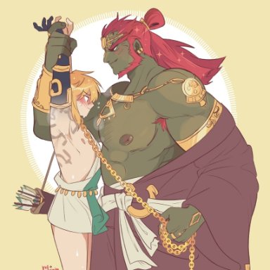 the legend of zelda, ganondorf, link, refrainbow, 2boys, archaic set (zelda), arm tattoo, armpit hair, arms up, asymmetrical clothes, blonde hair, blush, bracer, captive, chains