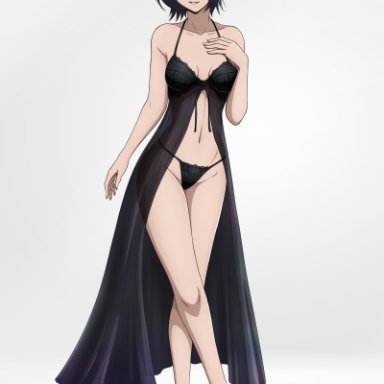 bleach, kuchiki rukia, mistowing, babydoll, bare legs, bare shoulders, barefoot, black hair, bra, breasts, clothed, crossed legs, female, full body, gown