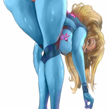 metroid, samus aran, artofalva, 1girls, blonde hair, bubble butt, female focus, female only, huge breasts, latex suit, long hair, looking at viewer, looking back, panties, skin tight