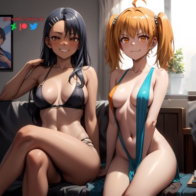 please don't bully me, nagatoro, hayase nagatoro, yoshi (nagatoro), lewdcreationsai, 2girls, black hair, blonde hair, breasts, brown eyes, cleavage, clothed, clothing, crossed legs, dress, female focus