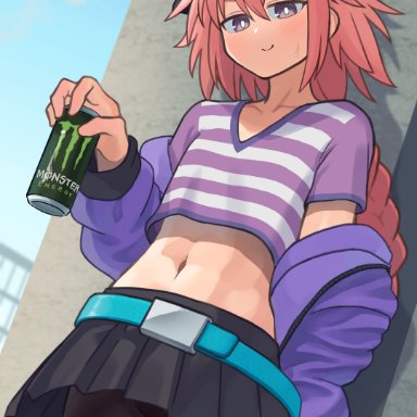 fate (series), fate/grand order, monster energy, monster energy drink, astolfo (fate), bokky0w0, 1boy, androgynous, belly button, crossdressing, erection, erection under clothes, femboy, feminine male, jacket