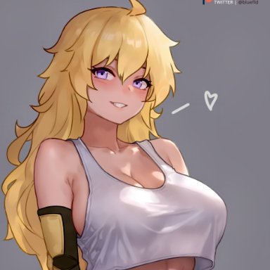 rwby, yang xiao long, bluefield, 1girls, blonde hair, breasts, female, large breasts, light skin, light-skinned female, long hair, purple eyes, simple background, smile, tank top