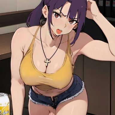 neon genesis evangelion, katsuragi misato, misato katsuragi, stable diffusion, beer, breasts, cum, dominant, drunk, futanari, huge cock, nipples visible through clothing, protruding nipples, tank top, thick thighs