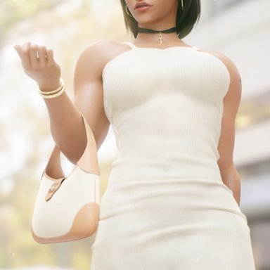 overwatch, pharah, pharah-best-girl, black choker, black eyes, black hair, choker, clothing, dark skin, dark-skinned female, dress, elegant, elegant dress, eyewear on head, female