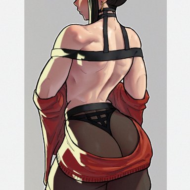 spy x family, yor briar, stopu, 1girls, athletic, athletic female, back, backless outfit, black hair, blush, earrings, hairband, jewelry, large ass, long bangs