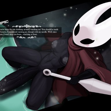 hollow knight, team cherry, hornet (hollow knight), plundered, 1futa, anthro, arthropod, balls, big balls, big penis, black body, black eyes, black skin, blush, blush lines