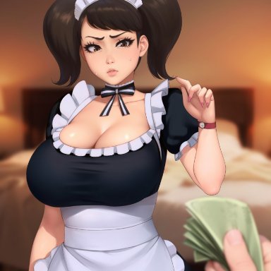 atlus, persona, persona 5, sadayo kawakami, geshtar, 1girls, blush, breasts, brown hair, female, hips, huge breasts, indoors, light skin, light-skinned female