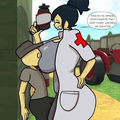 roblox, tower defense simulator, medic (tds), scout (tds), dezmine21, big breasts, bigger female, black hair, breasts, breasts bigger than head, smaller male, smothering, thick thighs, wide hips