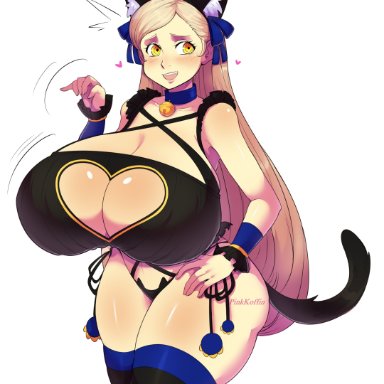 atlus, persona, persona 5, lavenza, pinkkoffin, 1girls, aged up, alternate breast size, blush, breasts, breasts bigger than head, cat ears, cat tail, cleavage, cleavage cutout