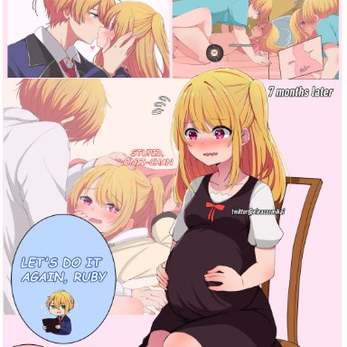 oshi no ko, arima kana, hoshino aquamarine, hoshino ruby, eleazarmikai, 1boy, 2girls, aqua shirt, before and during pregnancy, blonde hair, blue eyes, brother and sister, cuckquean, dress, hat