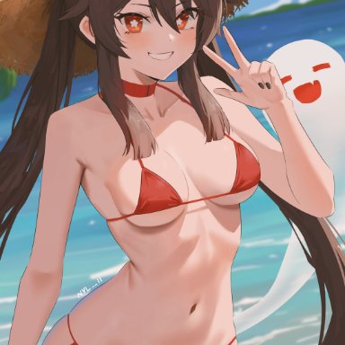 genshin impact, hu tao (genshin impact), nvl, 1girls, beach, bikini, breasts, choker, ghost, hat, hips, navel, peace sign, red eyes, side-tie bikini