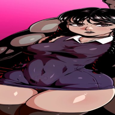 wednesday (netflix), lurch, wednesday addams, nowajoestar, angry, black hair, black lipstick, female, goth, imminent sex, tight clothing, animated, game cg, mp4, tagme
