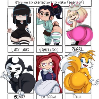 bendy and the ink machine, boku no hero academia, sonic (series), splatoon, the loud house, wreck-it ralph, aiba manami, bendy, la brava (my hero academia), lucy loud, miles prower, pearl (splatoon), tails, vanellope von schweetz, blackwhiplash