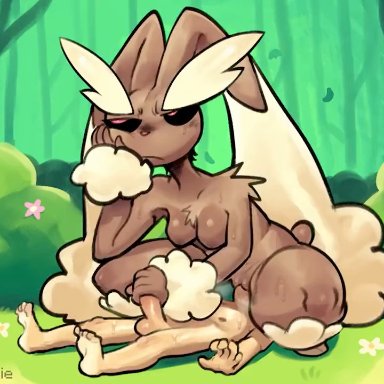 nintendo, pokemon, generation 4 pokemon, lopunny, pok&#233;mon (species), lilmoonie, anthro, erection, facesitting, furry, human, male/female, mammal, masturbation, questionable consent