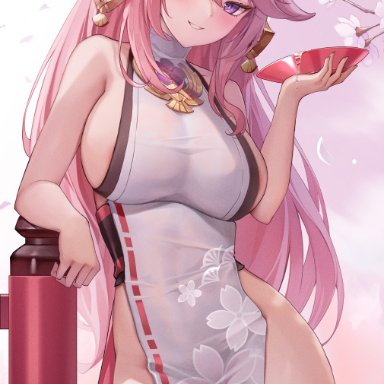 genshin impact, yae miko, lunacle, 1girls, animal ears, big breasts, blush, curvy, earrings, female, female only, hair ornament, large breasts, long hair, pink hair