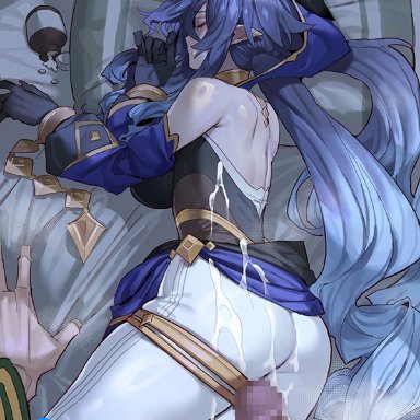 genshin impact, layla (genshin impact), mimyo, 1boy, ass, bare shoulders, black gloves, blue hair, blue hood, blue skirt, bracelet, breasts, circlet, closed eyes, cum