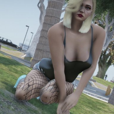 grand theft auto, grand theft auto online, grand theft auto v, nopixel, andi jones, black tank top, fishnet legwear, posing, sitting on ground